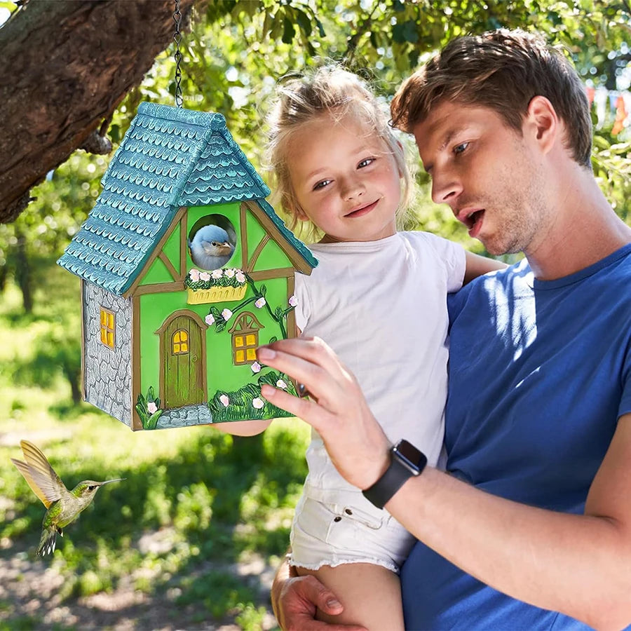 Resin Hanging Birdhouse Cabin - Outdoor Garden Decor for Bird Lovers