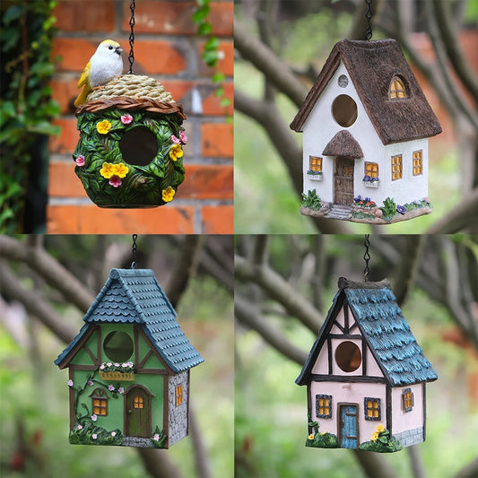 Resin Hanging Birdhouse Cabin - Outdoor Garden Decor for Bird Lovers